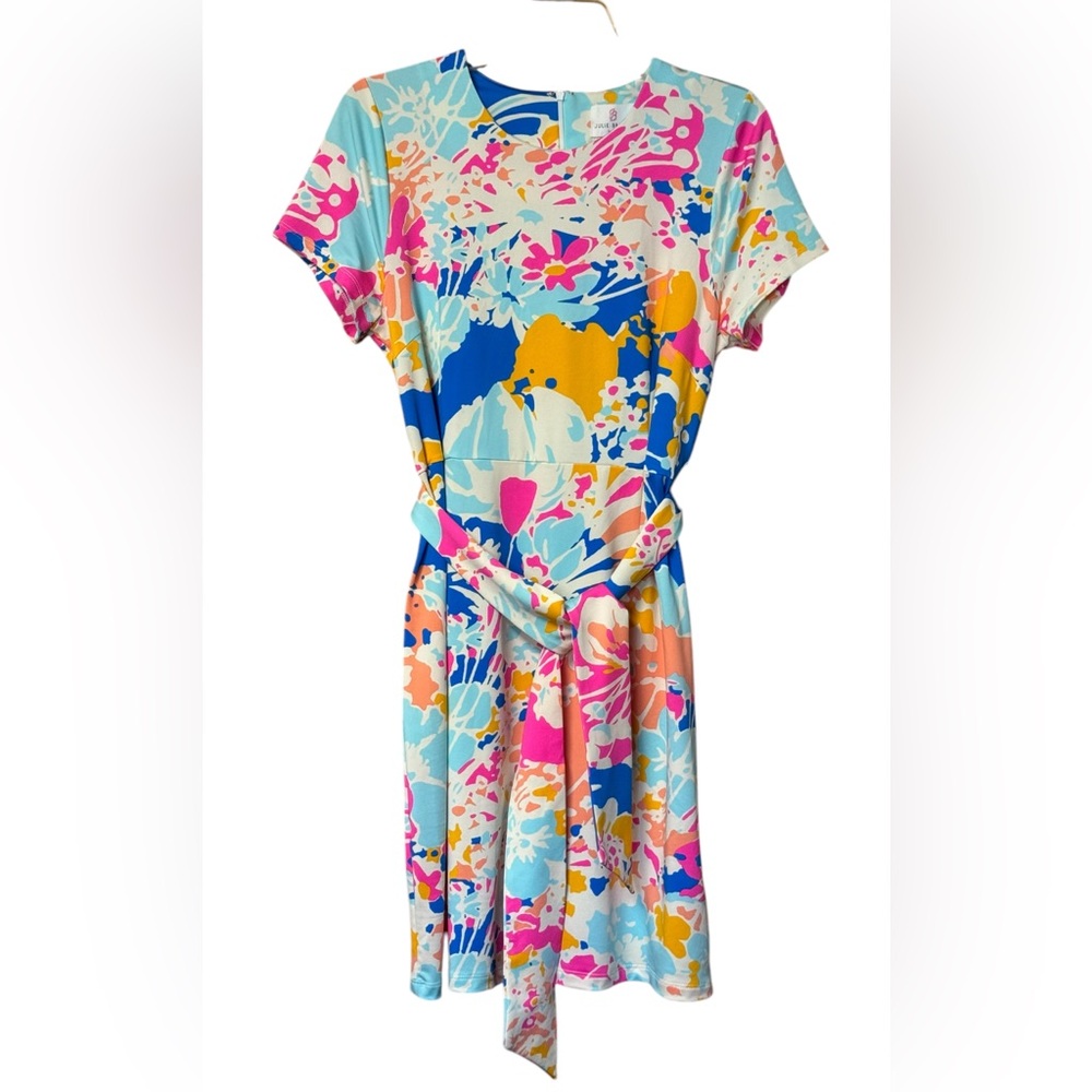 NWOT Julie Brown Floral Print Tie Belt Dress Colorful Bright Size M Preppy